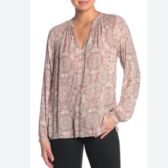 Lucky Brand Pastel Pink Boho Printed Peasant Blouse w Tie Flowy Lightweight XL - Picture 1 of 16